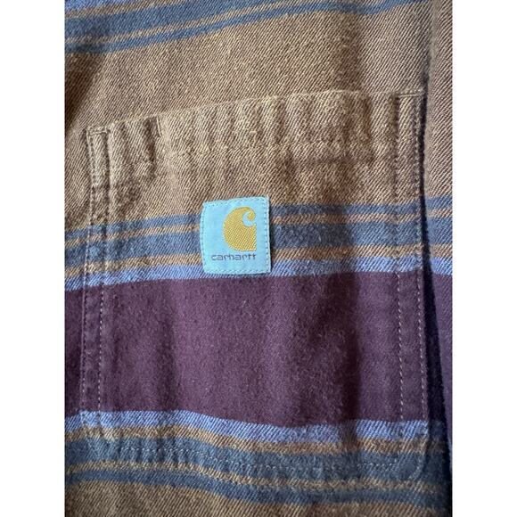 Carhartt Women’s Rugged Flex Loose Fit Flannel Shirt Brown Maroon Stripe Sz XXL - Picture 2 of 9